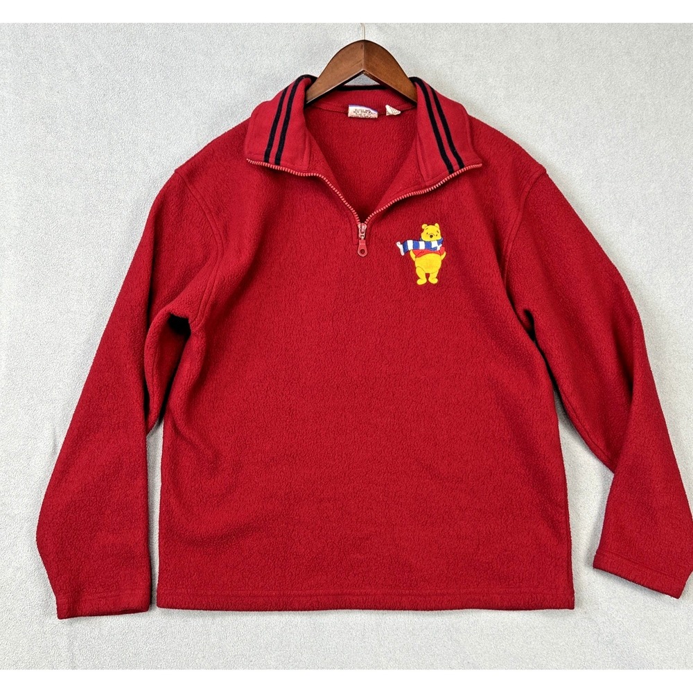 Vintage Pooh Pullover‎ Sweater Size L Red Fleece Disney Blustery Day Embroidered